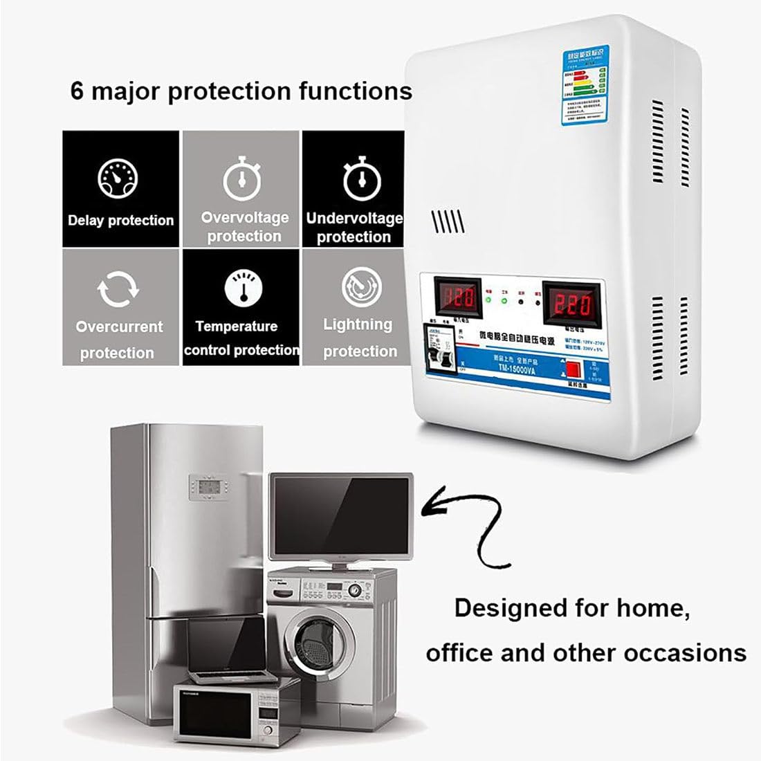 Estabilizador De Voltaje 220 V, Estabilizador Tension Automático 15000 W, Regulador De Voltaje De Aire Acondicionado De Cobre Puro, 6 Protecciones Principales