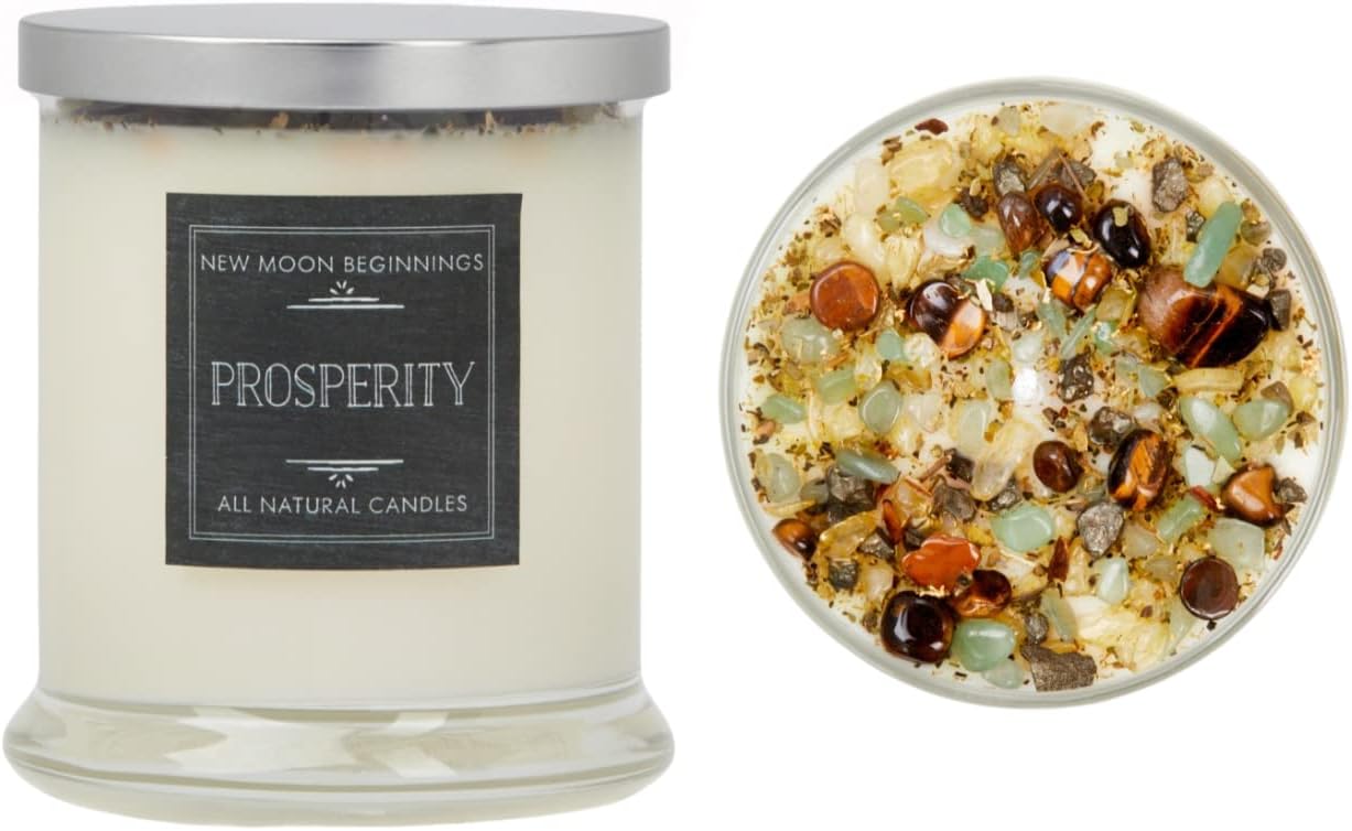 Prosperity Crystal Candle by New Moon Beginnings - Good Luck, Success & Abundance - Soy Candle - Bayberry Patchouli Cypress - 12oz Glass Jar