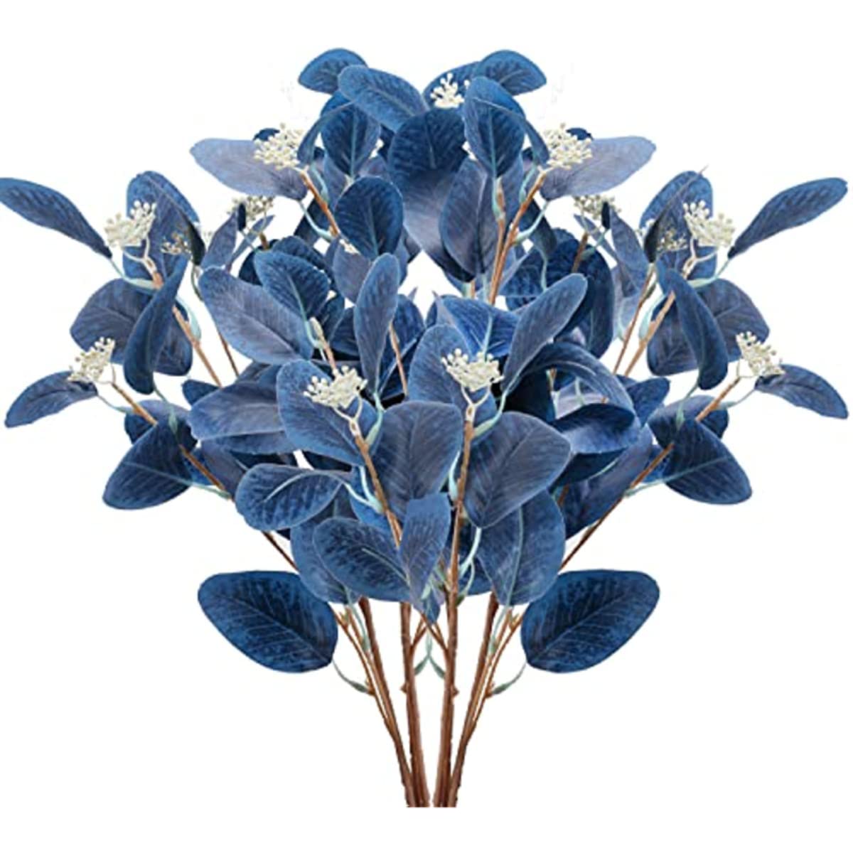 HAOSHICS 6pcs Faux Eucalyptus Stems - Blue Artificial Greenery Spray with Silver Dollar Seeds for Home Decor, Kitchen, Vase Arrangements & Parties (Blue)