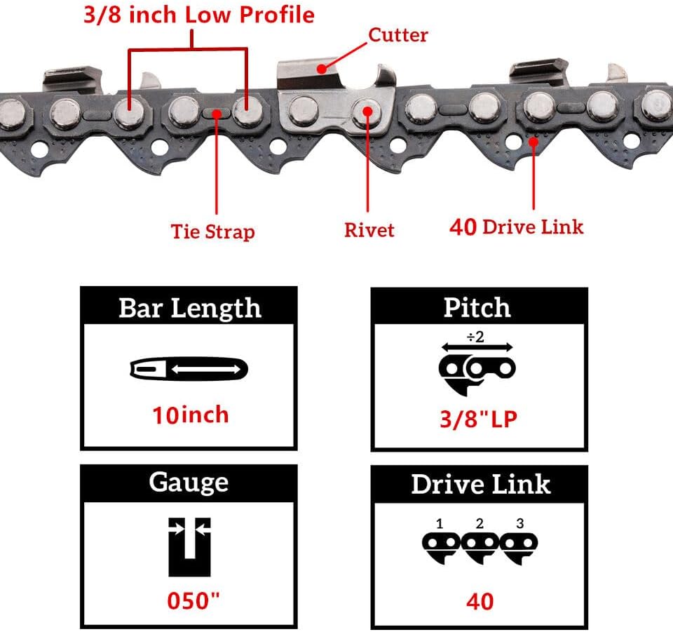 Miniatura 2 de Kohnkdllc Paquete de 3 cadenas de motosierra de 10 pulgadas, 40 eslabones de transmisión, paso LP de 38 pulgadas, calibre 050 pulgadas, para