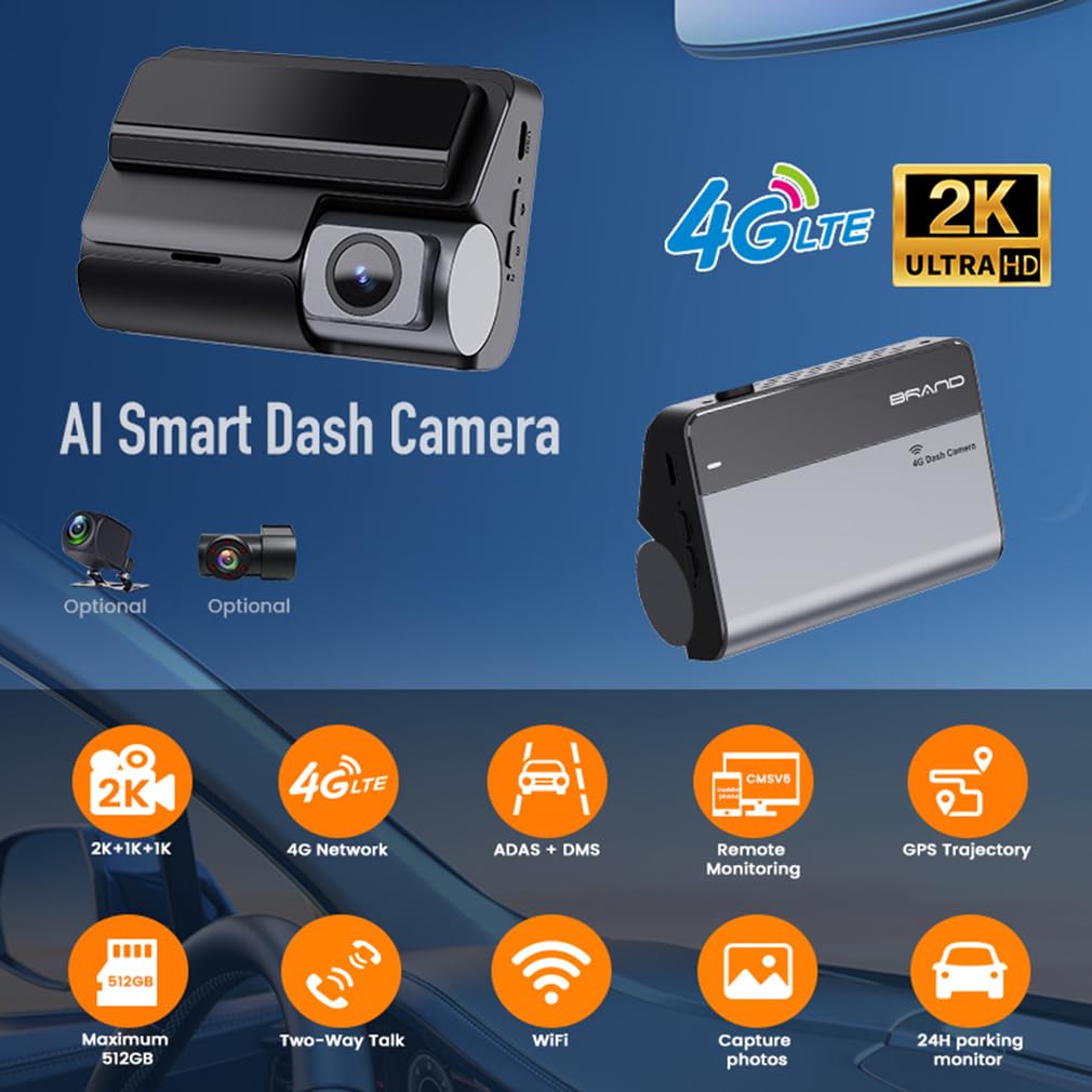 Cámara de salpicadero de coche 4G LTE ULHD 2K, tres canales frontal interior y trasero 2K+1K+1K DVR para coche con ADAS DMS, compatible con control de aplicación WiFi, con reproducción de seguimiento