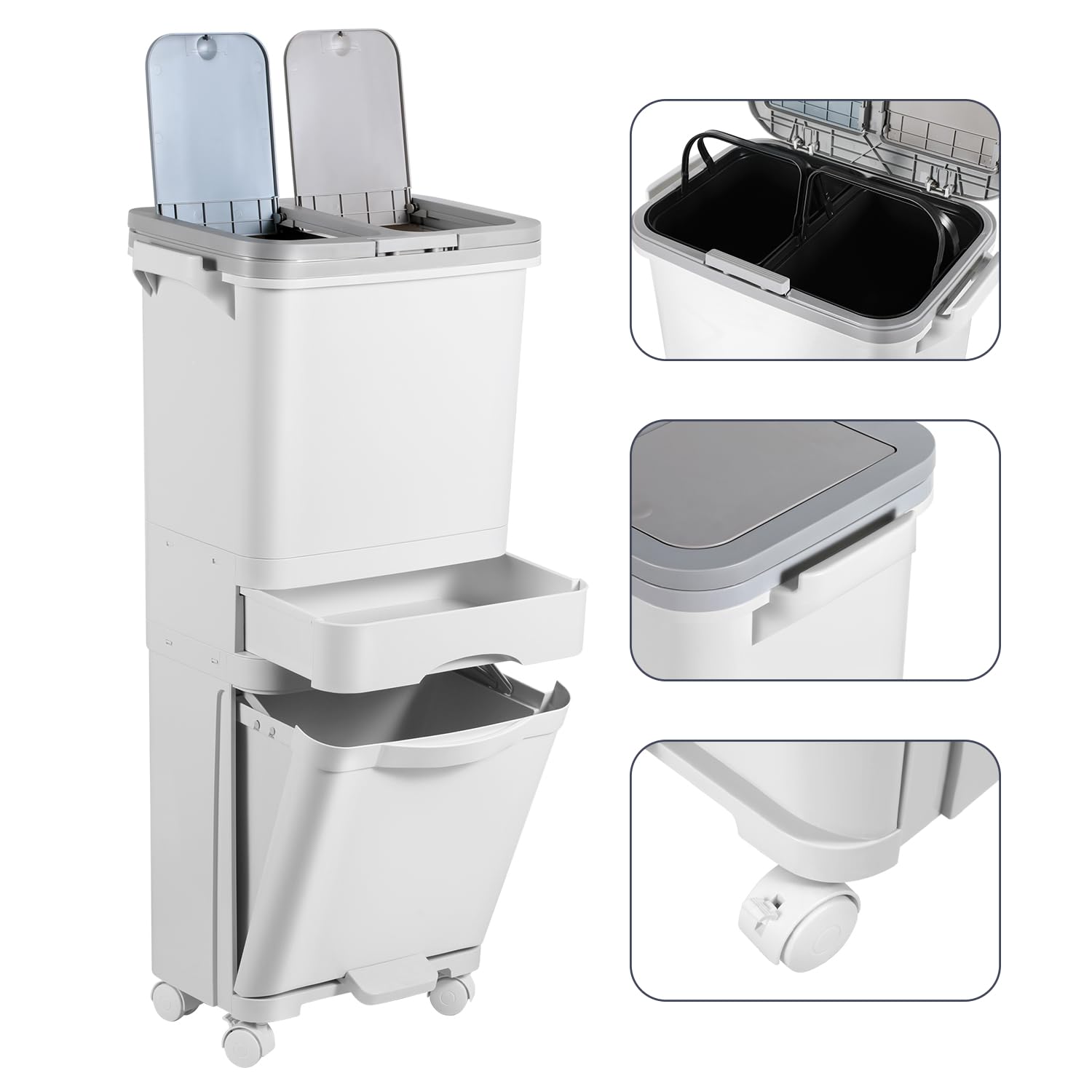 Pattumiera da cucina a 3 scomparti, 42L, separazione umido e secco, coperchio doppio, pedale, ruote, bianco
