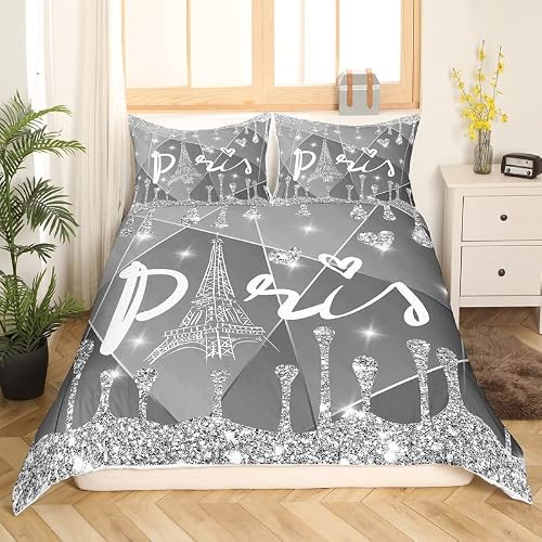 Feelyou Paris Comforter Cover Glitter Diamond Eiffel Tower Bedding Set For Boys Girls Children Silver Grey Valentines Gift Duvet Cover Room Decor Queen Size Quilt Cover 3Pcs #TOP2