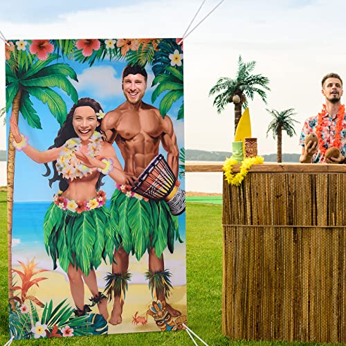 Image of Tudomro 6 x 4 ft Hawaiian Photo Props Banner Tropical Luau Tiki Couple Door Banner Aloha Party Decorations Fabric Luau Photo Booth Background Aloha Tiki Backdrop for Beach Party