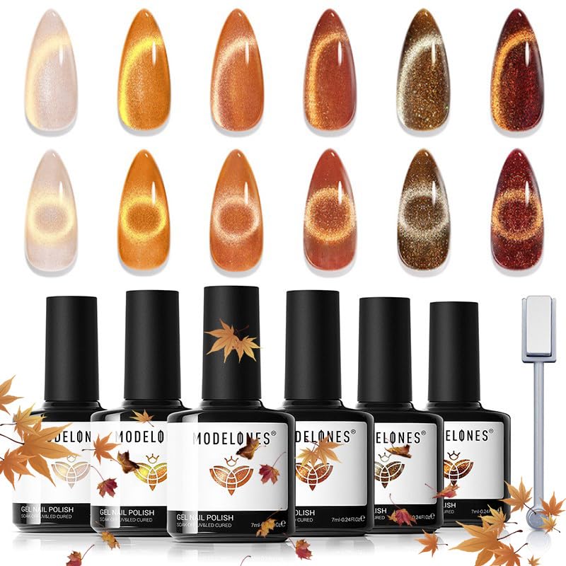 Image of modelones Cat Eye Gel Nail Polish Set Glitter 6Colors Dark Gloden Brown