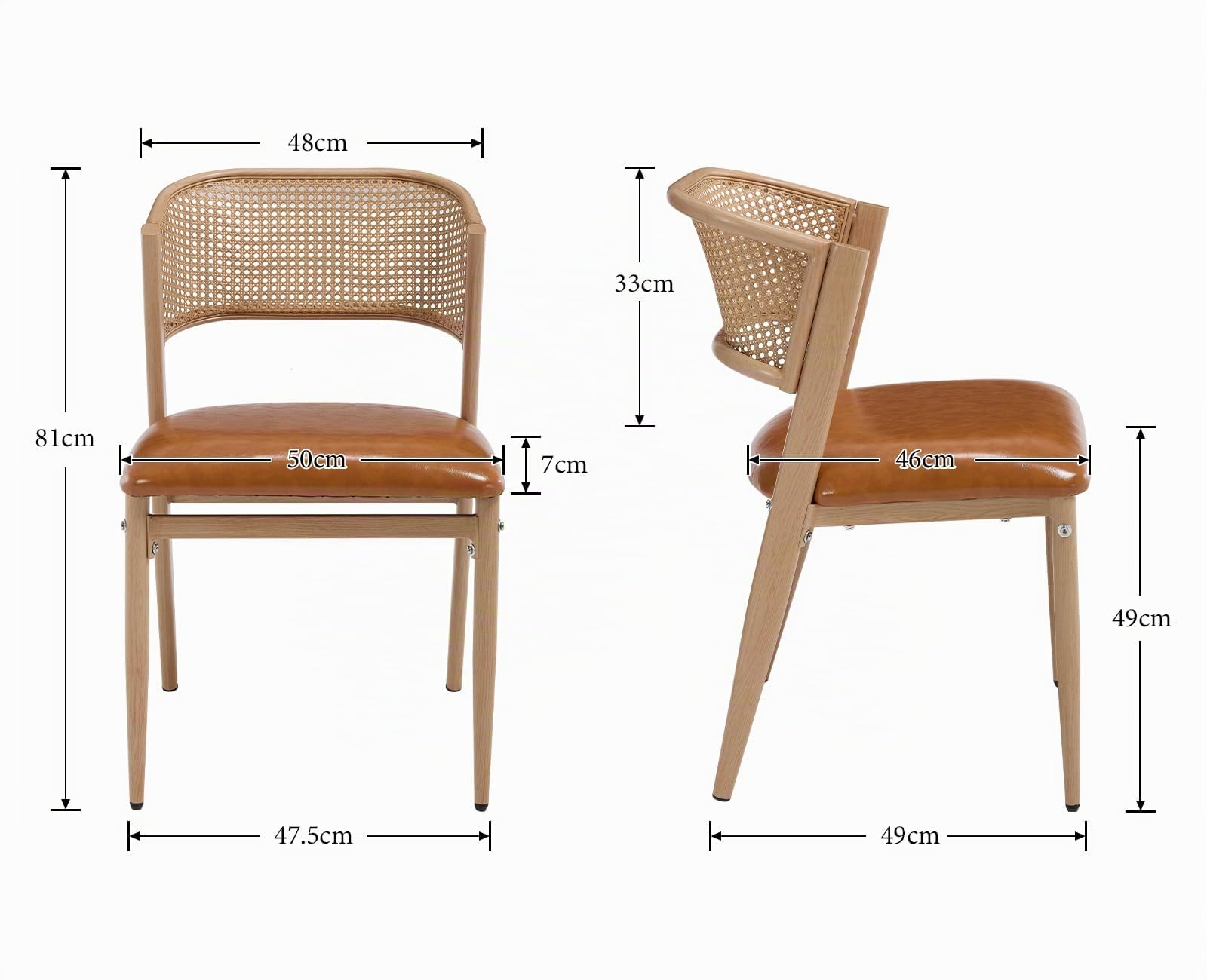 chairus 2PCS Sillas de Comedor de Madera con Respaldo de Ratán, Marrón | Asiento de Cuero PU, Sin Brazo, Estilo Moderno, Para Restaurante