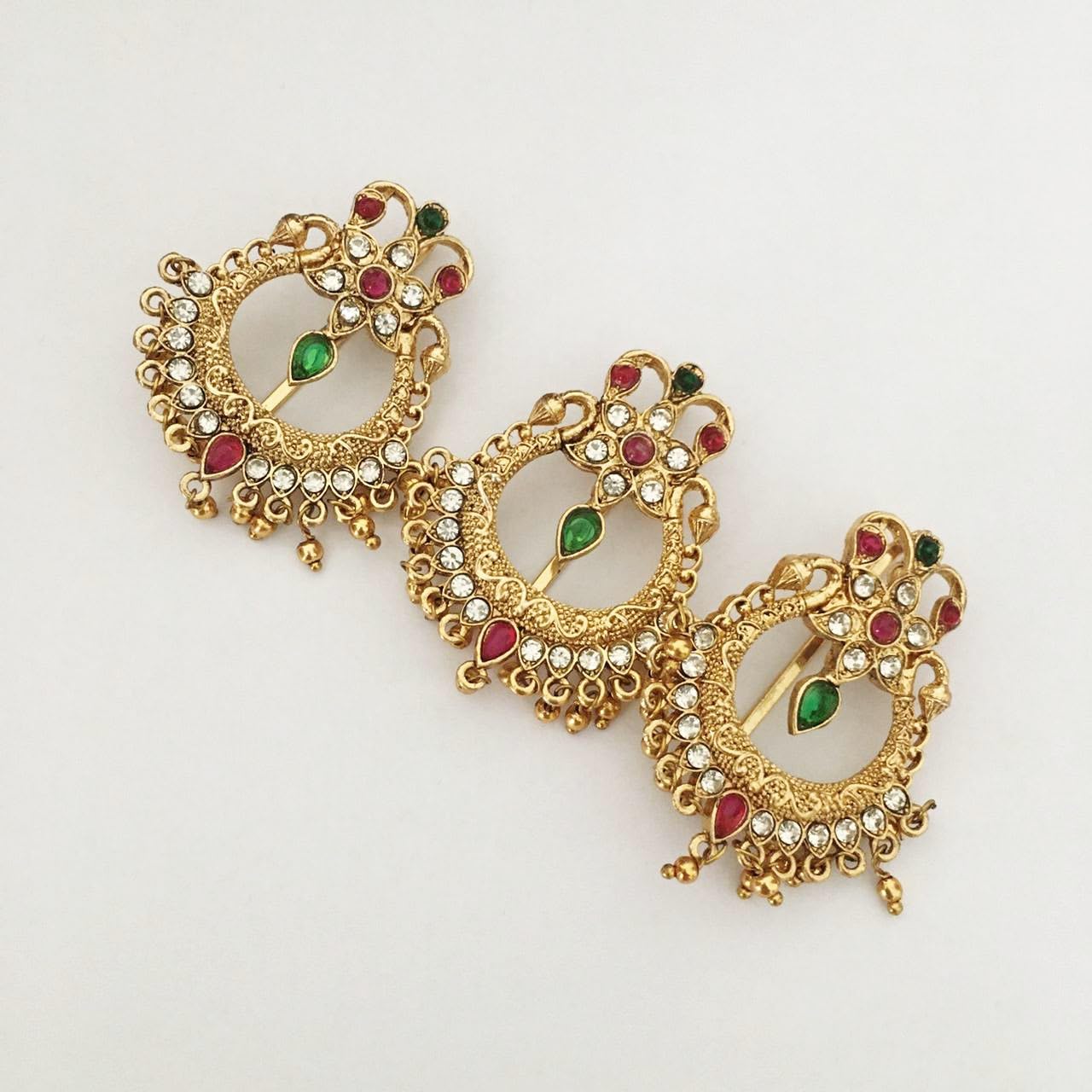 Antique Gold Jada Billa Set, Pack of 3, Women Girls | Green White Ruby Red Stones, Wedding Party Bridal, Juda Pins Bun Pins Center Clips, Hair Pins for Children-image-45