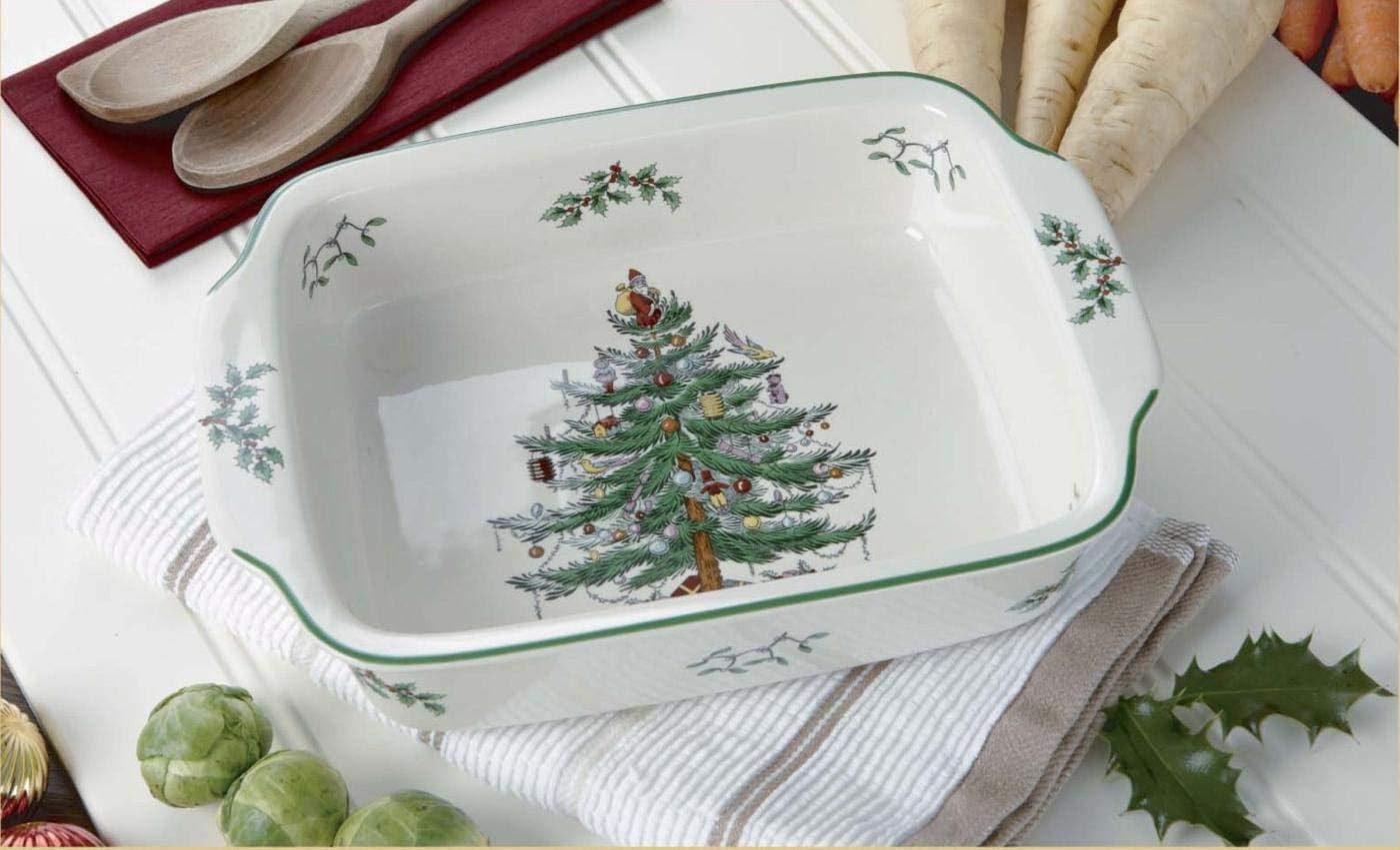 Christmas Tree Rectangular Handled Dish (9" x 12") Baking & Seasonal Platters - Earthenware, Microwave & Dishwasher Safe - Festive Tableware for Holiday Entertaining & Christmas Dining
