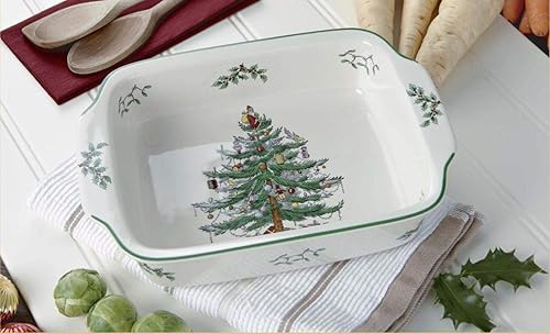 Miniatura 2 de Spode Plato rectangular con mango de árbol de Navidad (9 x 12 pulgadas) para hornear y platos de temporada, apto para loza, microondas y
