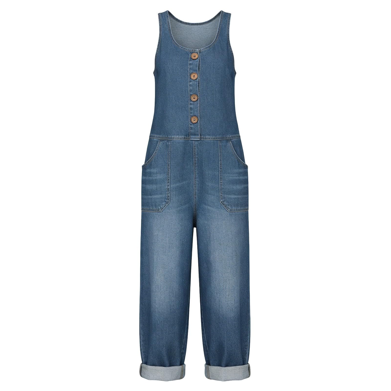 Combinaison Femme Jean Coton Lavé Boutonnée sans Manches Grandes Poches Coupe Ample Décontractée Rétro Salopette Pantalon Travail Chic Été Quotidien Vacances Loisirs