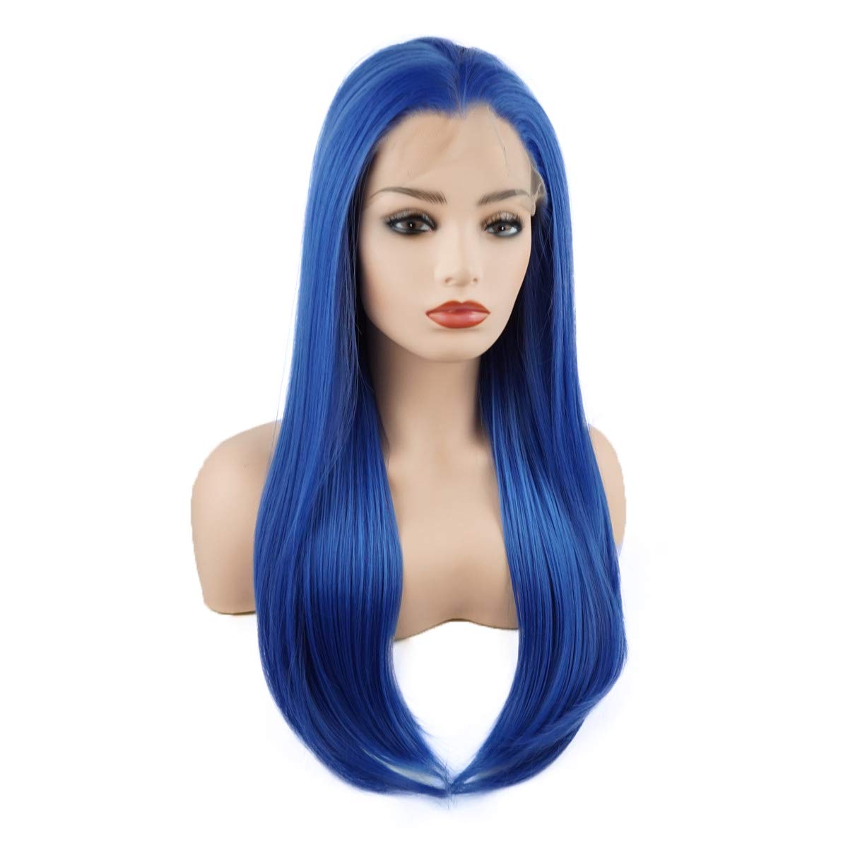 Hair Straight Long 24inch Blue Half Hand Tied Realistic Synthetic Lace Front Wigs