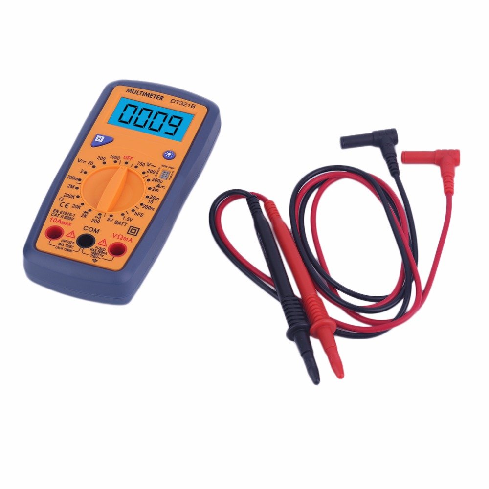 DT321B Digital Multimeter displaying a reading, with a close-up inset showing a transistor being tested with probes.
