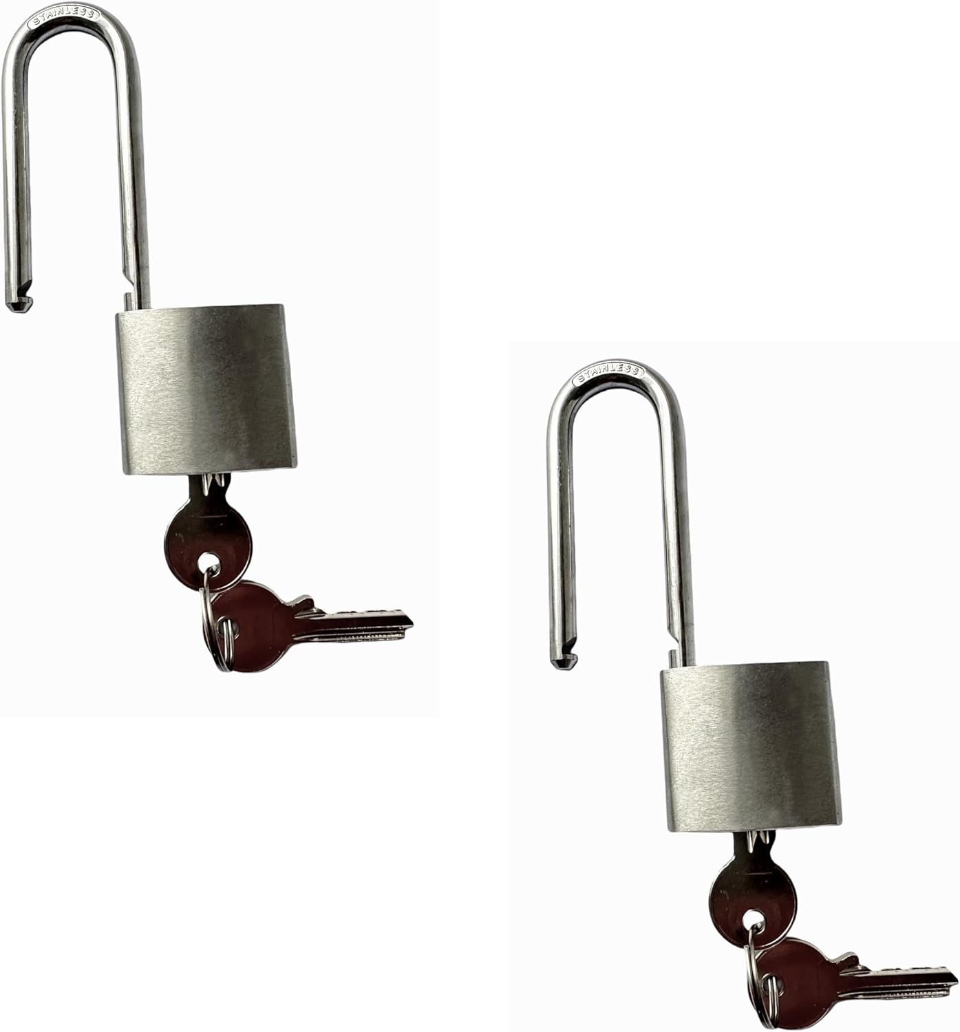 Stainless Steel Padlock and Keyed Alike Matching Key Each Set, 2 Pack 4 Keyed Long Shackle Heavy Duty Padlocks for Gates, Toolbox, Case, Gym Locker, Sheds and Fences