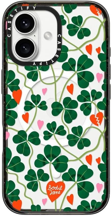 CASETiFY Impact Case for iPhone 16 [8.2ft 4X Military Grade Drop Protection/Compatible with Magsafe] - Clover Hearts - Clear Black