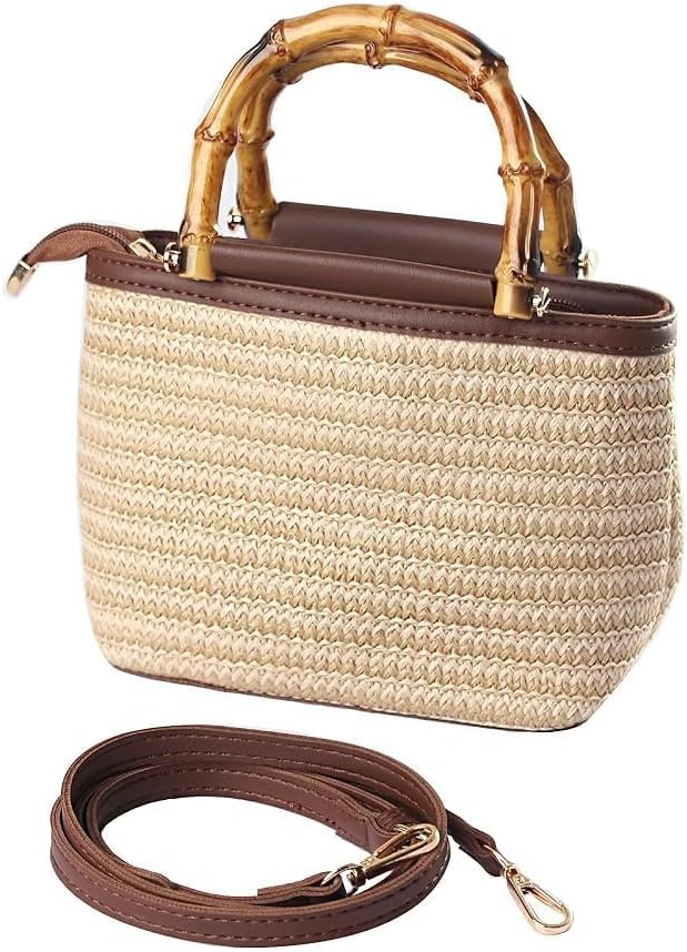 Eiyye Straw Purse for Women Small Bamboo Handle Purses Woven Straw Style Crossbody Shoulder Bag with Adjustable Strap Lightweight Summer Boho Bag