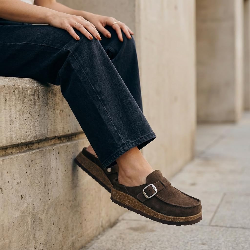 CUSHIONAIRE Hobby Genuine Leather Suede Mule Clogs for Women with Buckle Strap and Cork Footbed, Supportive All-Day Comfort in Womens Shoes, CHOCOLATE 8 - Image 7
