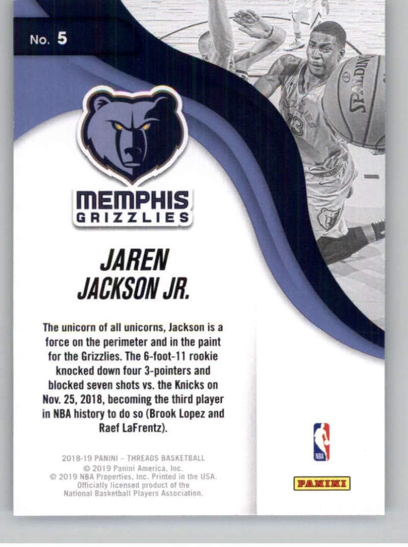 2018-19 Panini Threads Next Wave Dazzle Basketball #5 Jaren Jackson Jr. Memphis Grizzlies Official NBA Insert Parallel Card From Panini
