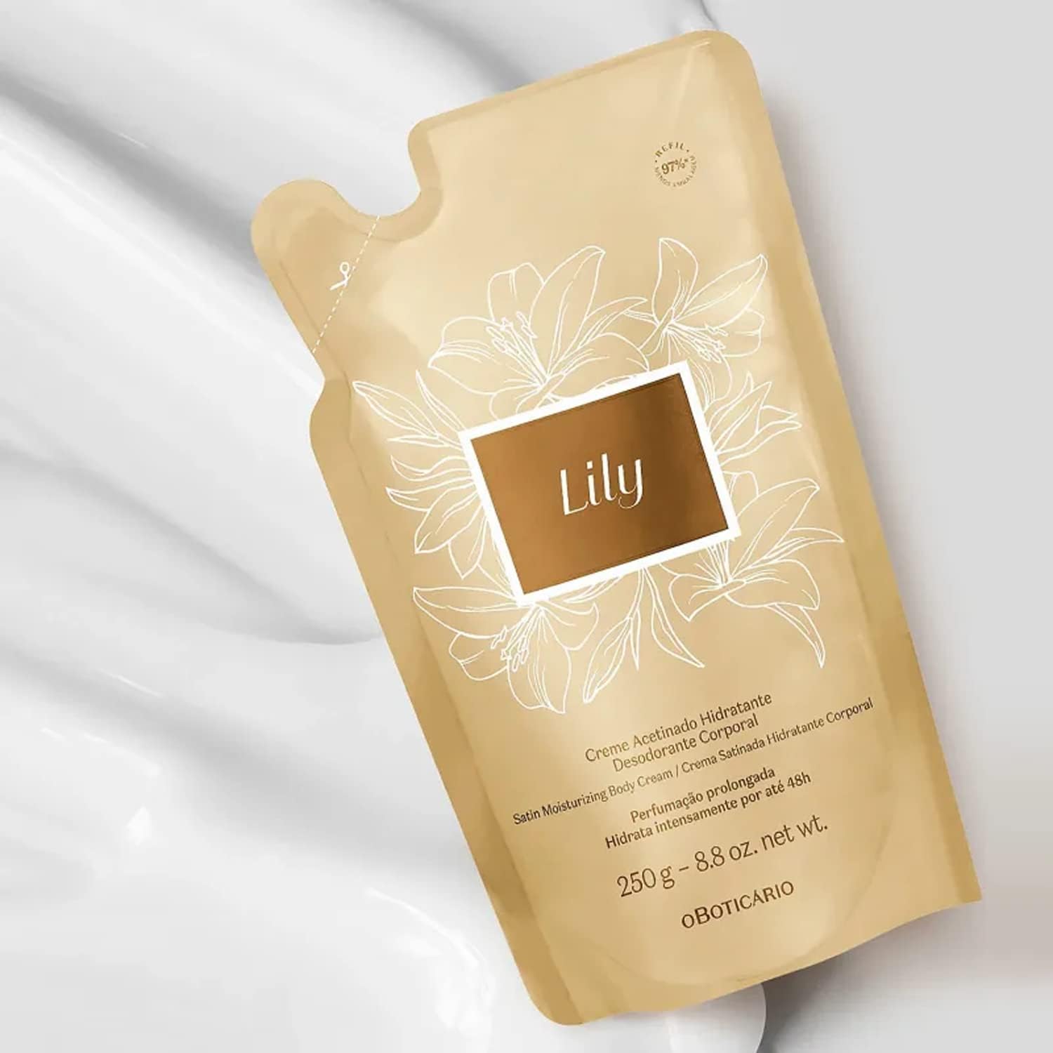O Boticário Lily Satin Moisturizing Body Cream REFILL POUCH, 24 Hour Fragranced Body Butter for Dry Skin, 8.8 Ounce (250g)