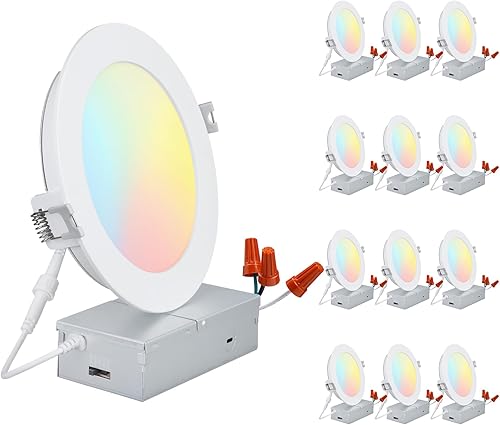 TORCHSTAR Paquete de 12 luces empotrables LED delgadas de 5CCT de 6 pulgadas con caja de conexiones, CRI 90+, 2700K3000K3500K4000K5000K, luz
