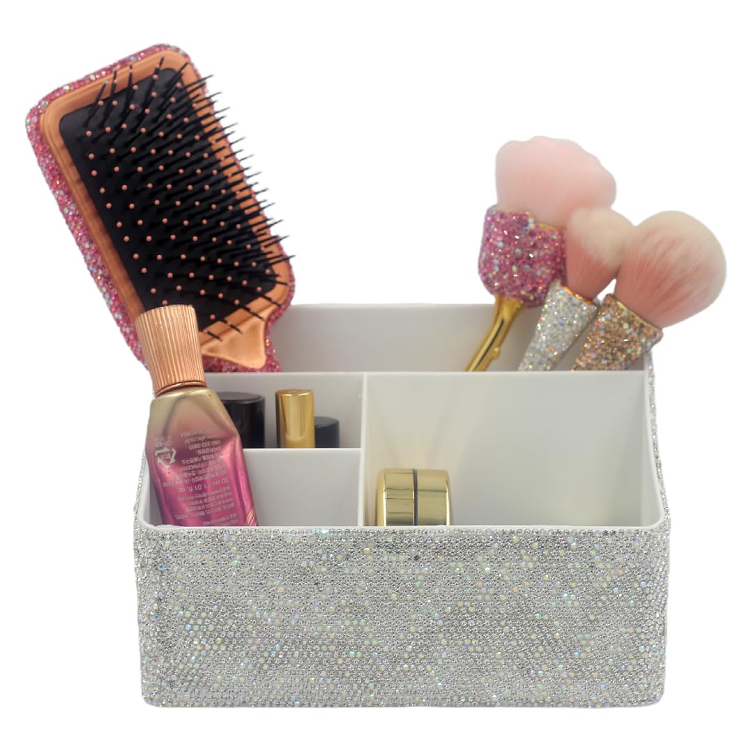 Bestbling Luxury Bling Rhinestone Multi-functional Organizer Storage– Large Capacity makeup Brushes Lipsticks Storage Box with Compartments for Living Room. Bedroom and office (Siver)