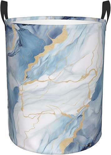 Cesta circular con estampado de mármol blanco y azul, impermeable, cesta organizadora de lavandería, con asas para ropa, juguetes, tamaño mediano