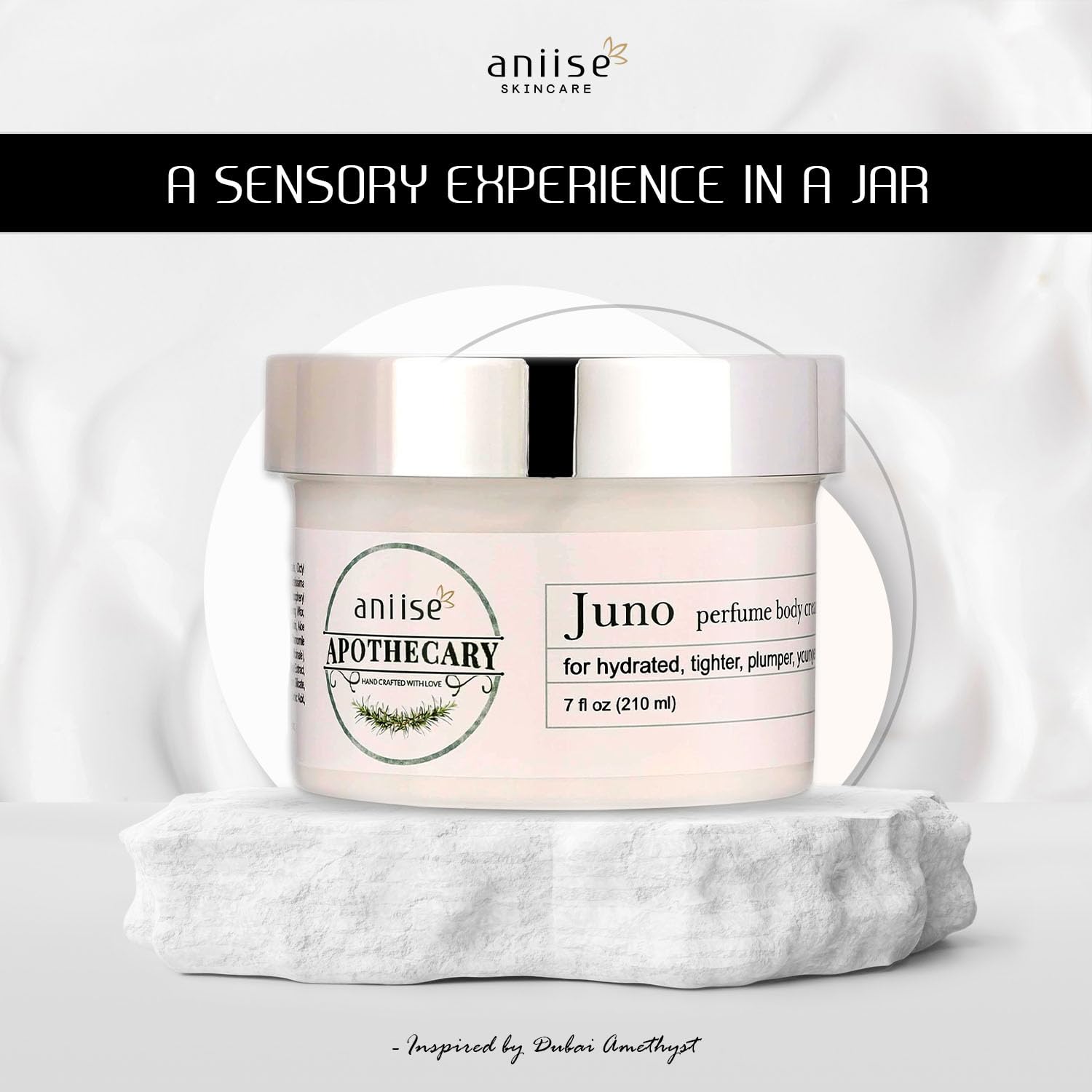 Apothecary Perfume Body Cream | Juno- Inspired by Dubai Amethyst | Natural Moisturizing Skin Care Cream for Fragrant, Hydrated, Tighter, Plumper, Youthful Skin | 7 fl oz (210 ml)