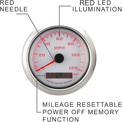 Miniatura 80 de MOTOR METER RACING W Pro 3.346 in 3-3/8" GPS Velocímetro con señal de giro de haz alto 160 MPH Negro Dial blanco LED Digital Odómetro impermeable
