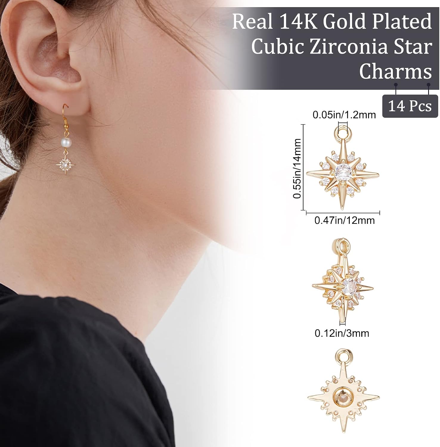 Beebeecraft 14Pcs Star Charms 14K Gold Plated Cubic Zirconia North Star Pendant Charms for DIY Necklace Earrings Wedding Anniversary Summer Party Jewelry Making