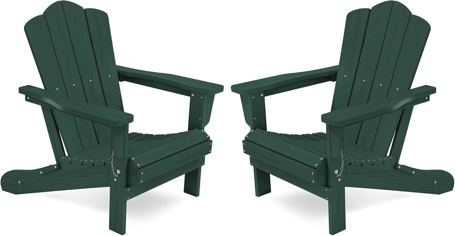 KINGYES Folding Adirondack Chair Set of 2, HDPE All-Weather Folding Adirondack Chair, Green