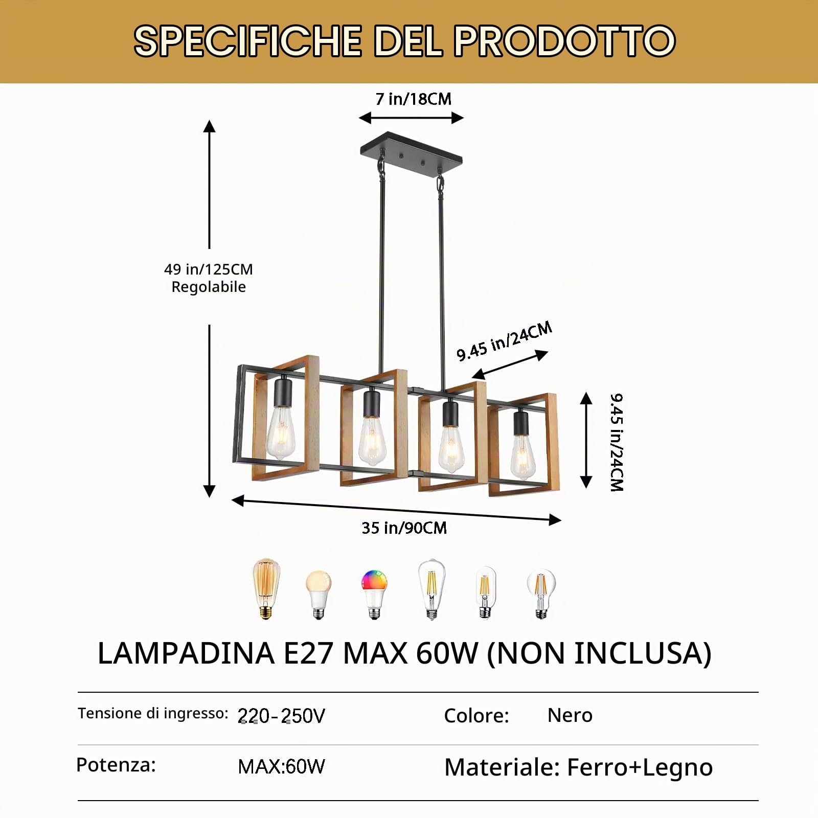 Illuminazione dell'isola della cucina della luce nera, legno e metallo lampade da tavolo da biliardo Lampadari Lampada da soffitto, altezza regolabile delle luci della camera da letto soffitto