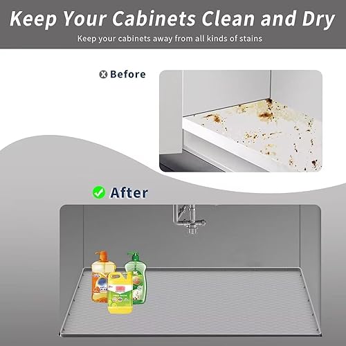 Miniatura 5 de Tapete para debajo del fregadero de la cocina, 28 pulgadas de largo x 19 pulgadas de ancho, bandeja impermeable de silicona para debajo del