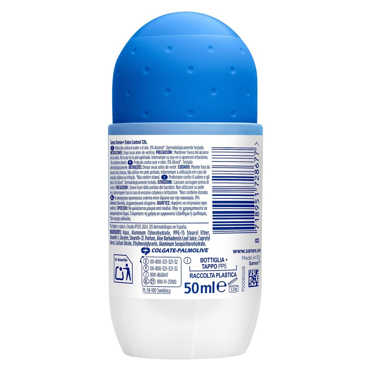 Sanex Dermo+ Extra Control Deodorante antitraspirante Roll-On 72 ore (50 ml) – Protezione efficace contro sudore e cattivi odori – dermatologicamente testato, contiene 0% alcool