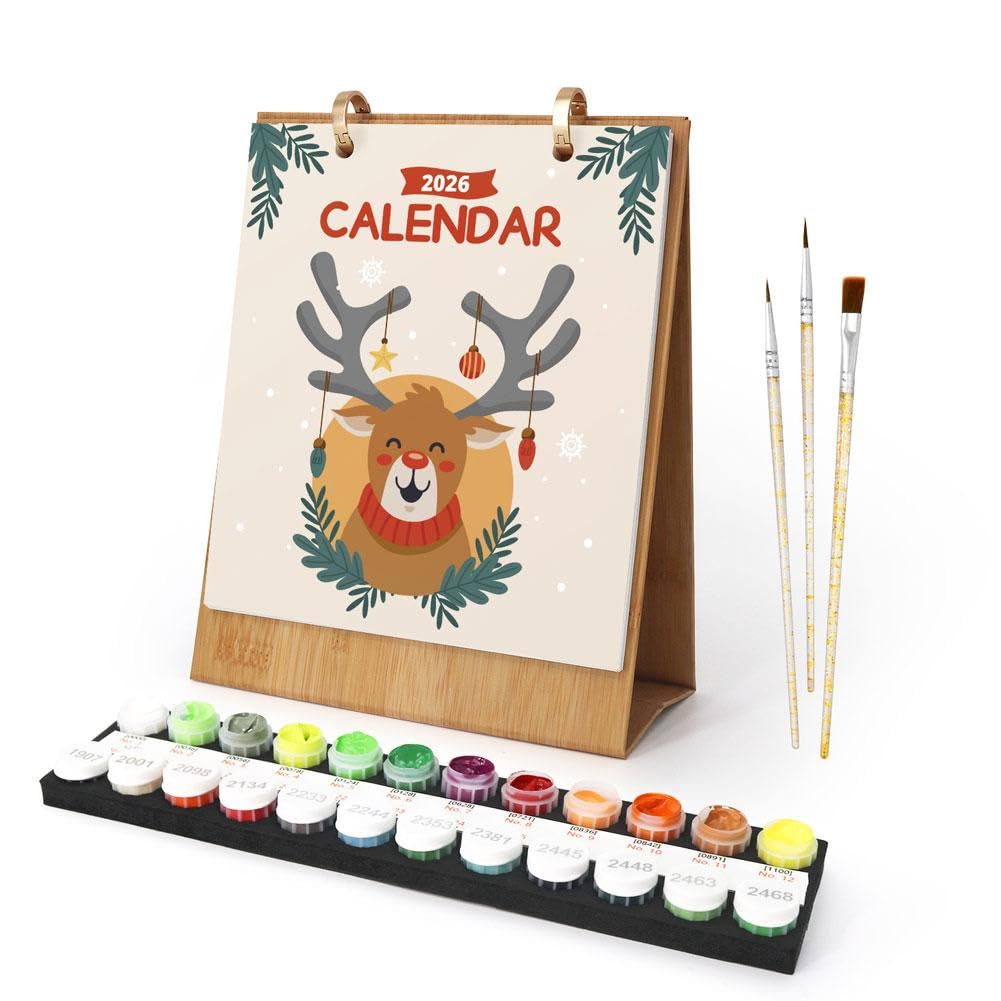 Paint by Numbers Calendar Kit, 2026 Calendar, 12 Month Standing Flip Planner, Monthly Desk Calendar with Pre-Printed Canvas & Paints, DIY Number Painting for DIY Home & Office Decor Gift (Christmas)
