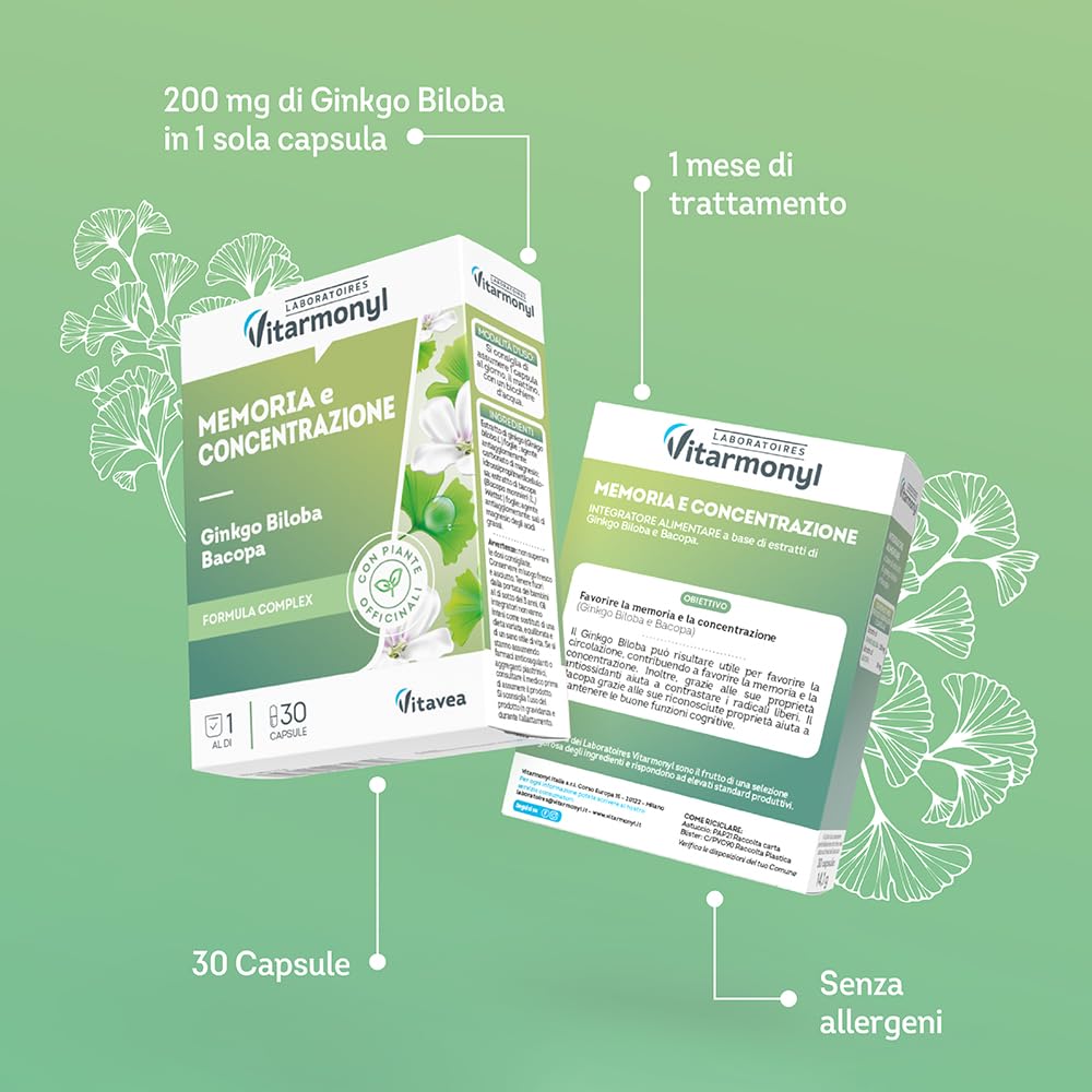 Memoria e Concentrazione - Integratore Alimentare con Ginkgo Biloba e Bacopa - Favorisce la Memoria e la Concentrazione - Benessere Mentale - Antiossidante - 30 capsule - Vitarmonyl