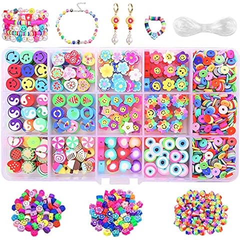 Polymer Clay Bead,1140 PCS Mixed Flower Fruit Smiley Face Beads Soft Beads Mixed Color Handmade Polymer Clay Beads Crafts Accessories for Jewelry Making Kit with 4m Crystal Elastic String Cover
