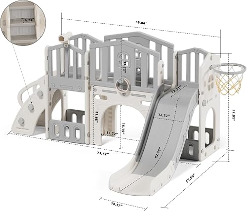 Miniatura 8 de YUFU Juego de toboganes 9 en 1 para niños pequeños de 1 a 3 años, juego de tobogán escalador con aro de baloncesto y pelota, para interiores y