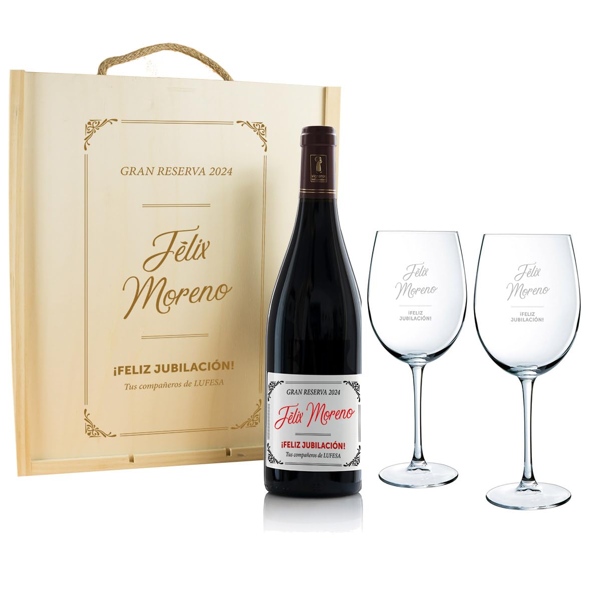 Calledelregalo Kit de celebración de jubilación personalizado/Kit con botella de vino + 2 copas de vino grabadas en caja de madera personalizada