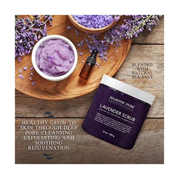 Lavender Oil Body Scrub Exfoliator with Shea Butter and Grapefruit Oil by Majestic Pure - Exfoliate & Moisturize Skin, Fights Acne - 10 oz