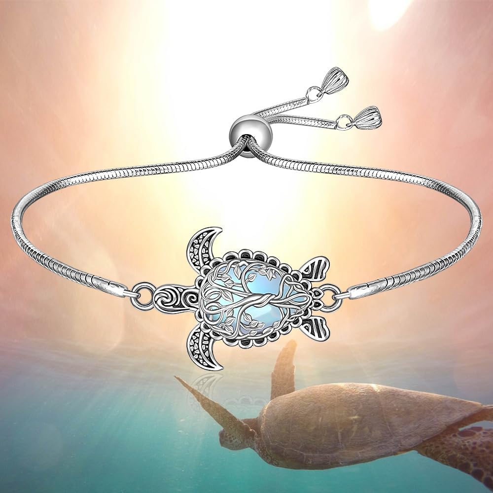 Fenthring Turtle Bracelet Moonstone Tree of Life Sea Turtle Bracelet for Women Sterling Silver Adjustable Ocean Beach Hawaiian Sea Jewelry Christmas Birthday Gifts - Image 4