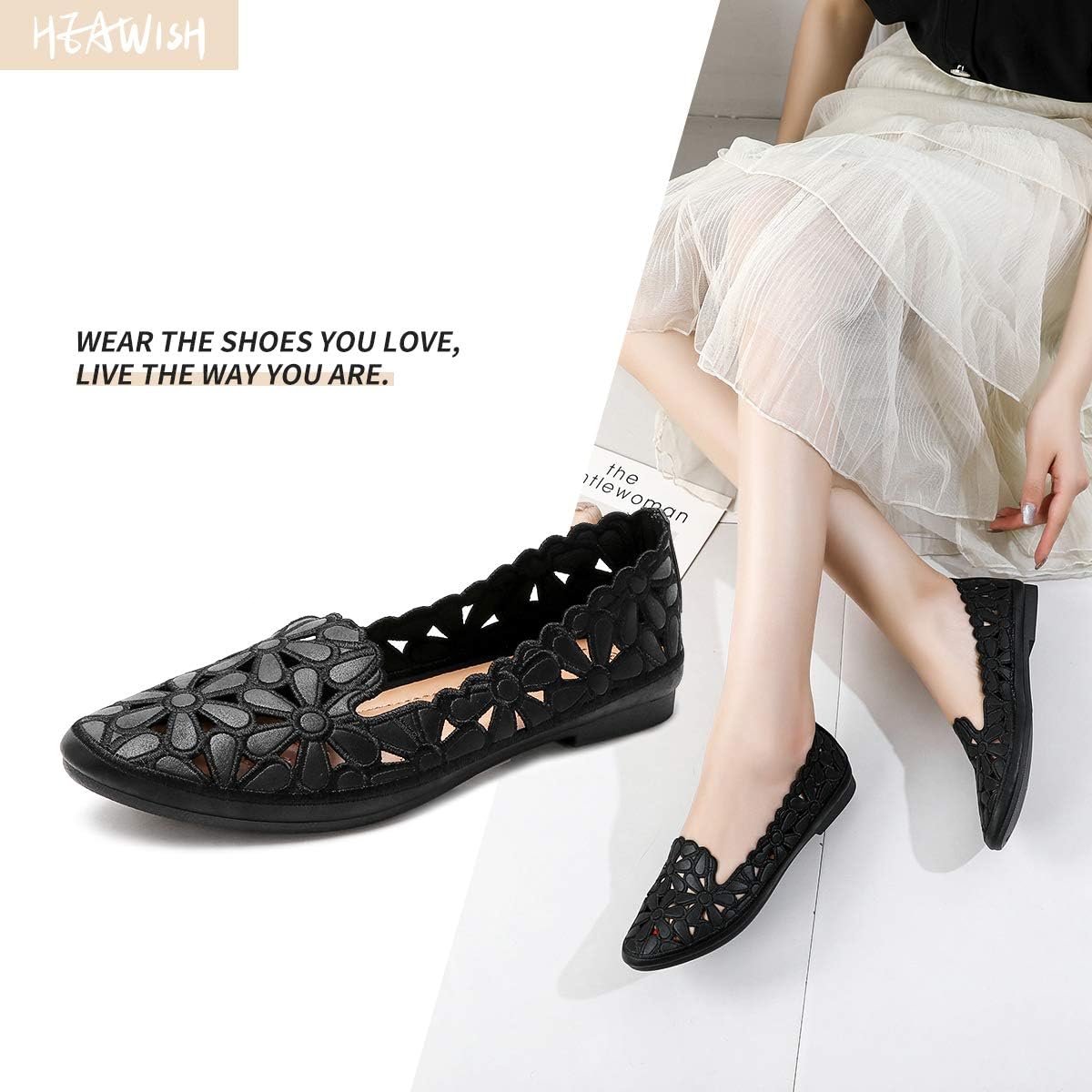 HEAWISH Women's Floral Ballet Flats for Women Black Beige Slip On Flowers PU Leather Round Toe Dress Shoes - Image 6