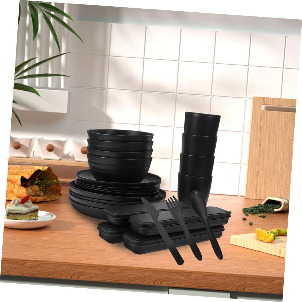 4sets Camping Cutlery Utensils Dinnerware Forks Spoons Plates Bowls for Outdoor Picnics and Travel