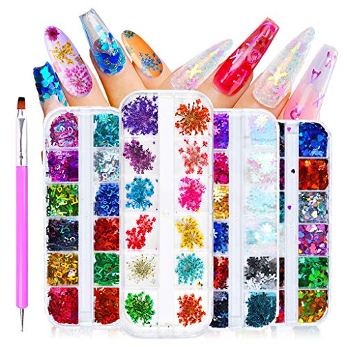 Dienalls Nail Art, Nail Decoration Kits 48Colors Nail Decals Decorations Accessories Stuff, Heart Sequins+Splarkly Snowflake Flake+Glitter Letter+Resin Dried Flowers+3D Nail Art Brush Dotting Pens
