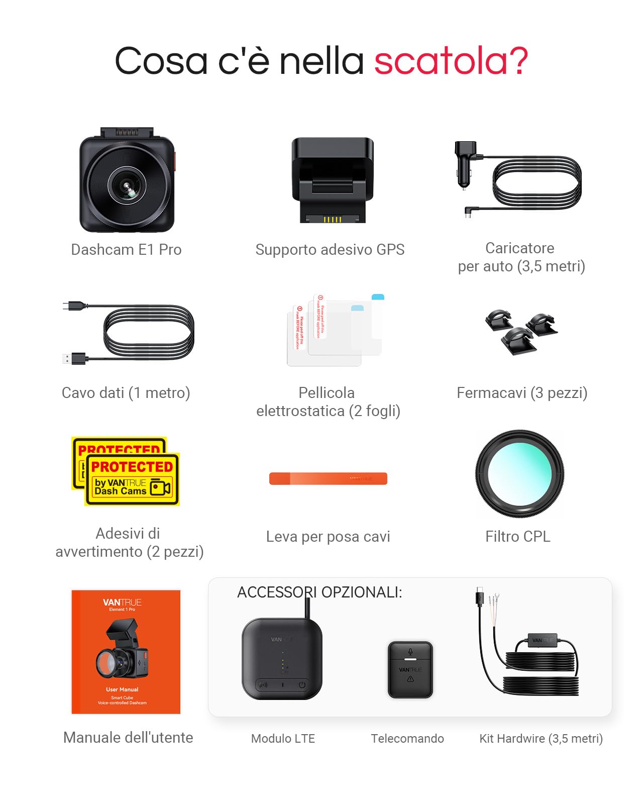 VANTRUE 4K HDR Dash Cam Auto E1 Pro 2160P Mini Dashcam, 5GHz WiFi GPS, STARVIS 2, CPL, Comandi Vocali e APP, Parcheggio 24/7 Telecamera auto, Visione Notturna 2.0, LTE Remoto Opzionale, 1.54”, Max 1TB