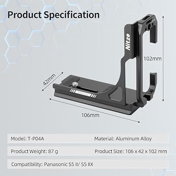 Nitze L Bracket for Panasonic S5 II / S5 IIX Camera, with Built-in Arca-Type Quick Release Plates, 1/4 Locaiting Hole and Threaded Holes, Compatible with DJI Stabilizers - T-P04A