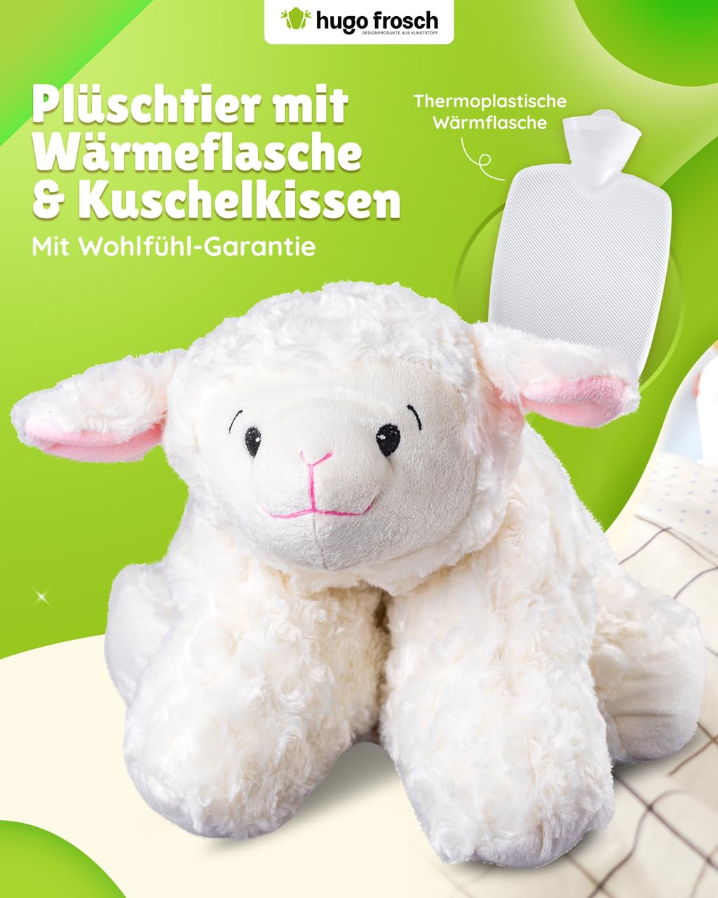 Hugo Frosch Wärmflasche Klassik 1,8l – Made in Germany – mit weichem Schaf-Kuschelkissen Weiß – große, auslaufsichere Bettflasche – langlebig & mit waschbarem Bezug