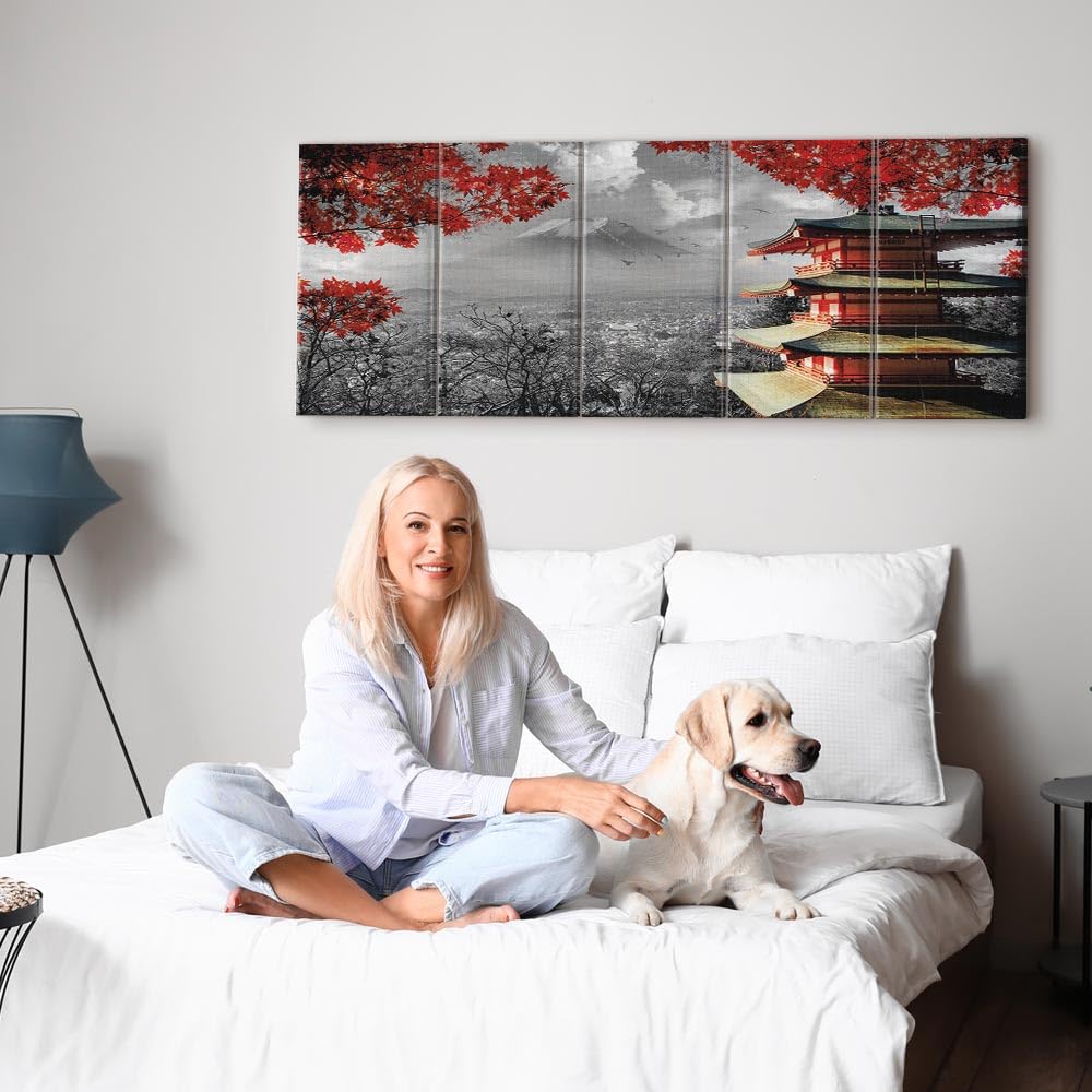 murando - Quadro Monte Fuji Giappone 225x90 cm 5 Pezzi Stampa su Tela Canvas - Quadri Componibili Moderni Soggiorno Grandi - Murale Arte Decorazioni da Parete Decori - Paesaggio Rosso c-C-0240-b-m