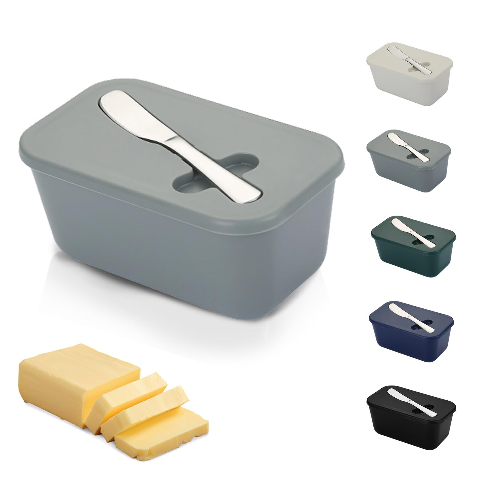 Butter Dish with Lid and Knife – TRACOMPAN Unbreakable Plastic Butter Container | Butter Dish with Butter Knife | Lightweight Butter Holder Tray for Odor-Free Storage(Dishwasher Safe) (Grey, Medium)