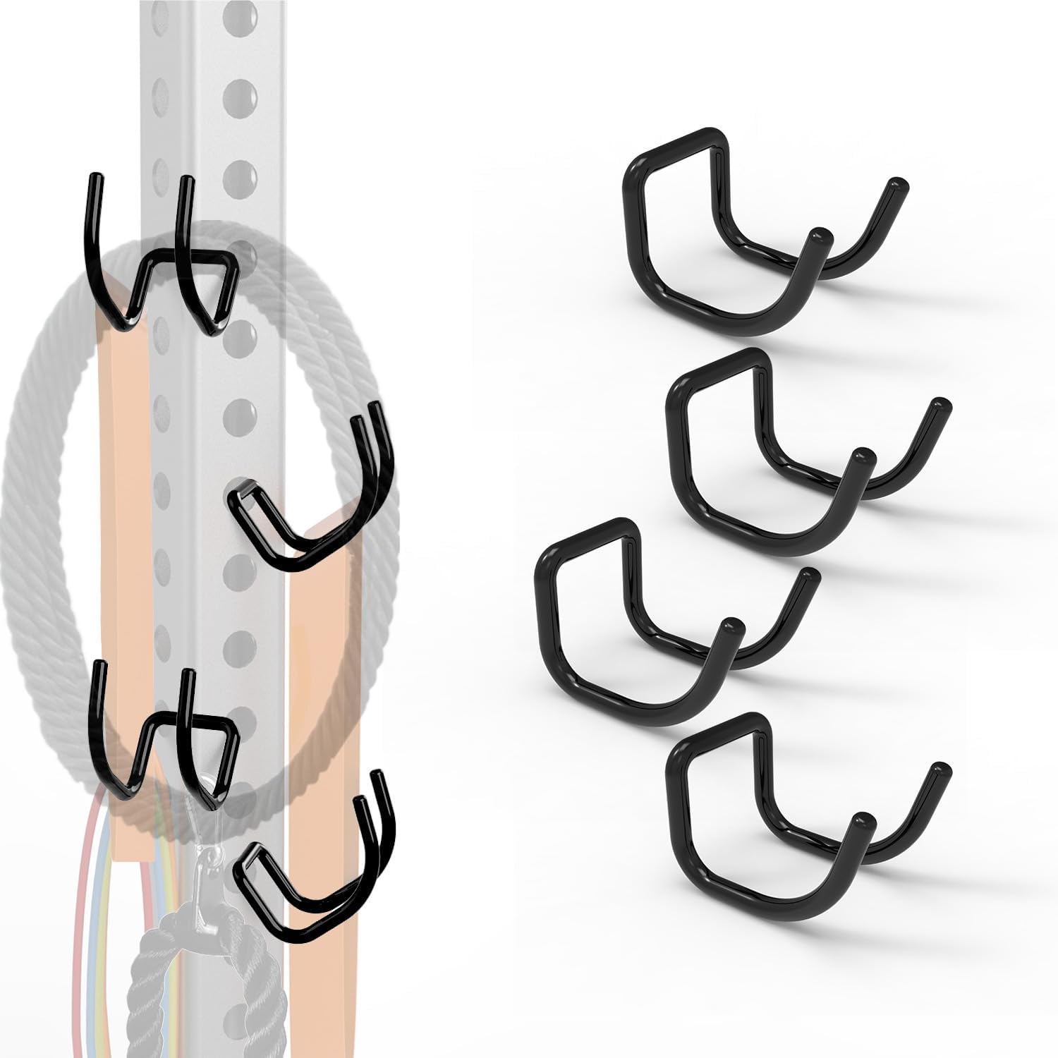 Set of 4 Heavy-Duty Rack Hooks, Fits 2×2 & 3×3 Power Racks with 1-Inch Holes, Gym Storage Hangers for Accessories, Battle Ropes, Dumbbells (Holds up to 66 lbs per Hook)