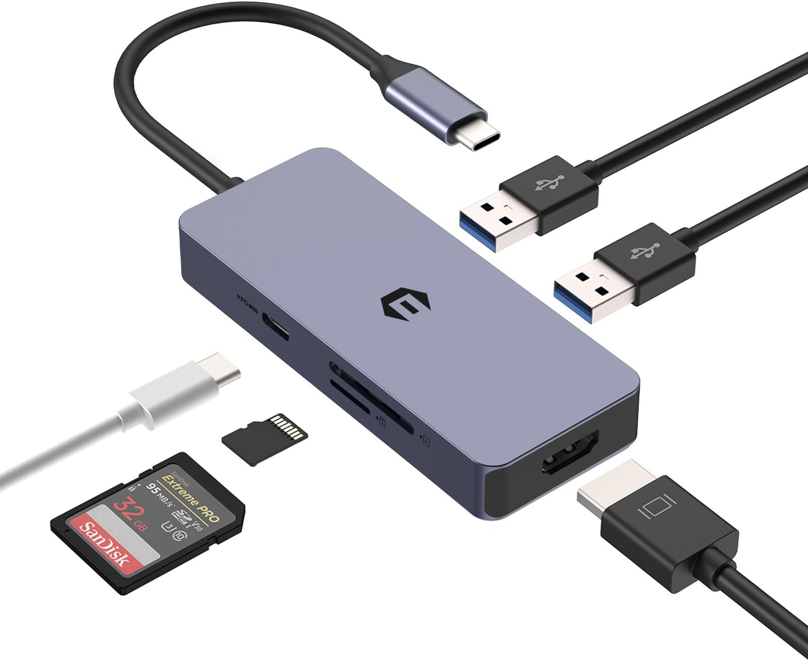 USB C HUB with 4K HDMI, 6 in 1 USB C Multiport Adapter, 2 USB 3.0, 100W PD, SD/TF Card Reader Compatible with Laptop, PC, Keyboard, Windows, Mac OS, Linux System