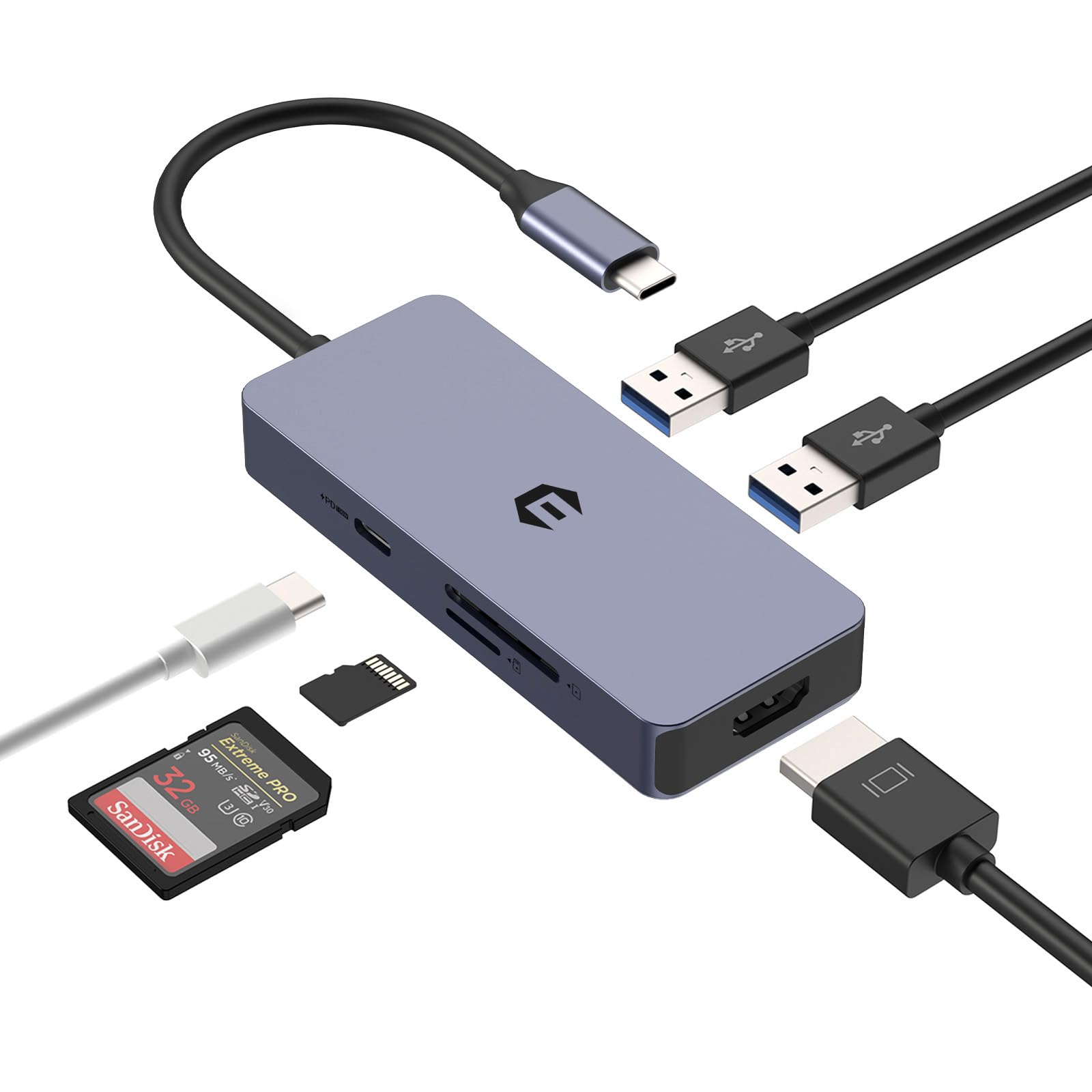 6 Ports USB C Hub, USB C Adapter, 4K HDMI Dual Display Multport Hub Adapter, Dongle for Laptop Surface Pro 8 and More(4K HDMI USB 3.0 SD/TF Card Reader 100W PD)
